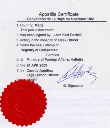 Model de apostilă aplicată în Malta